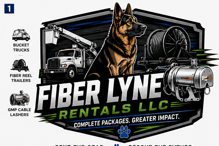 Fiber Lyne Rentals logo with German shepherd and equipment